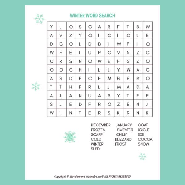 printable winter word search for kids on a green background