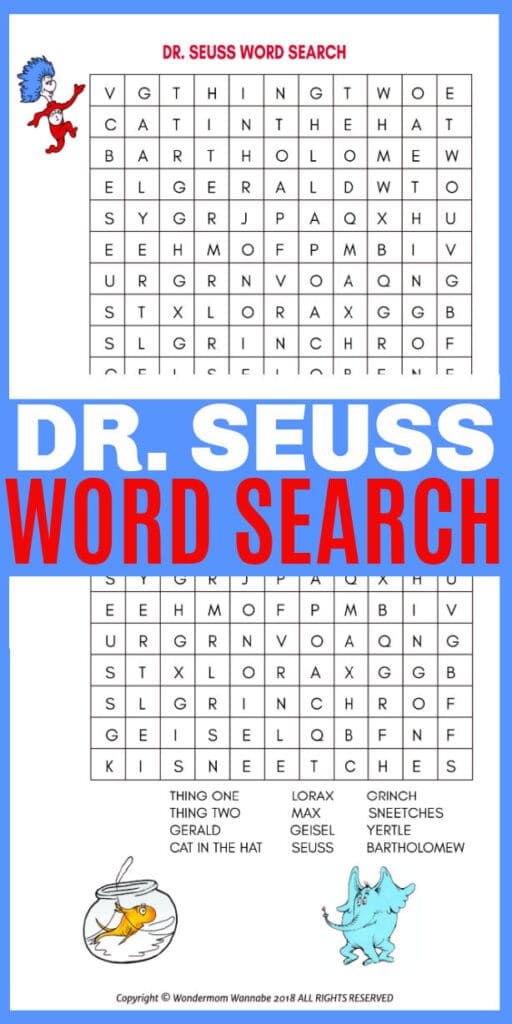 printable Dr. Seuss Word Search for Kids on a blue background