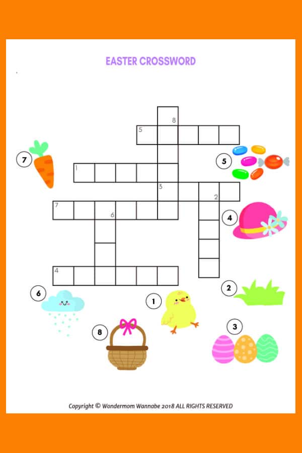 printable Easter Crossword Puzzle for Kids on an orange background