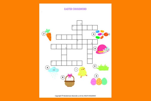 printable Easter Crossword Puzzle for Kids on an orange background