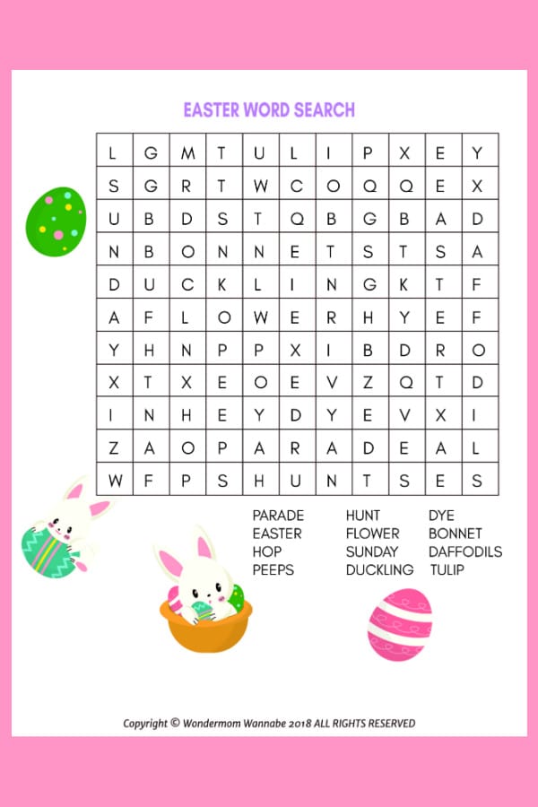printable Easter word search for kids on a pink background