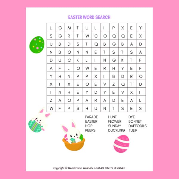 printable Easter word search for kids on a pink background