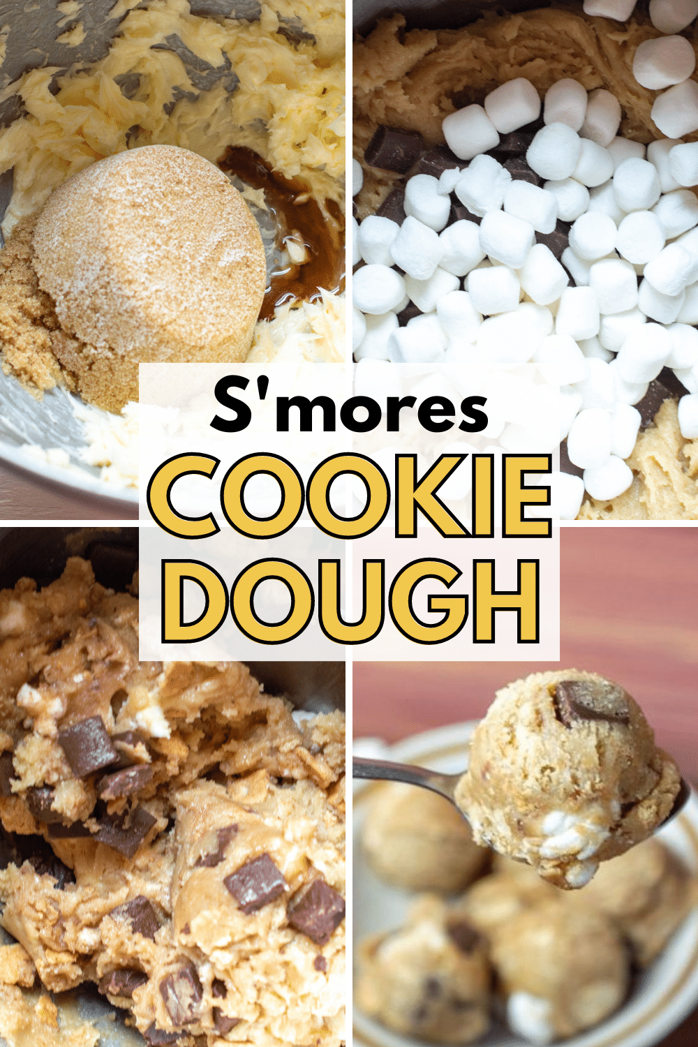 S'mores Cookie Dough is a delicious edible cookie dough that is packed with chocolate chunks, marshmallows and graham crackers for a big s'mores flavor. #smores #cookiedough #cookies via @wondermomwannab