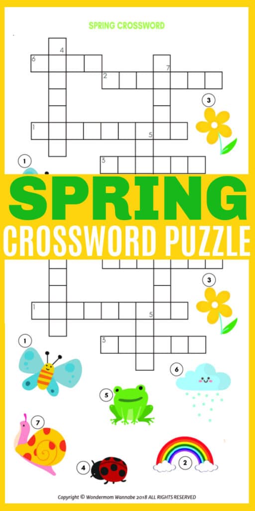 printable spring crossword puzzle for kids on a yellow background with title text reading Spring Crossword Puzzle
