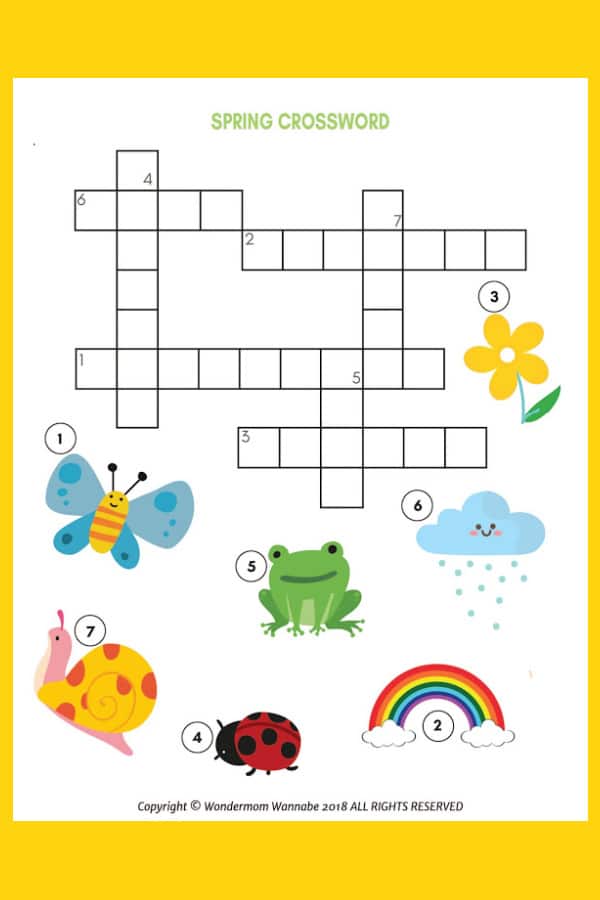 printable spring crossword puzzle for kids on a yellow background