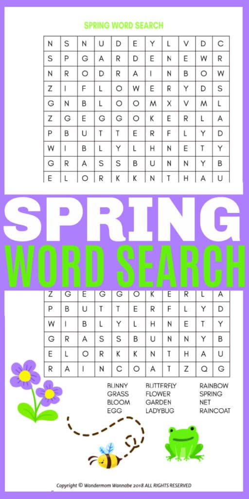 printable Spring word search for kids on a purple background with title text reading Spring Word Search