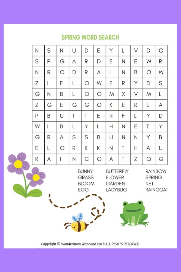 printable Spring word search for kids on a purple background