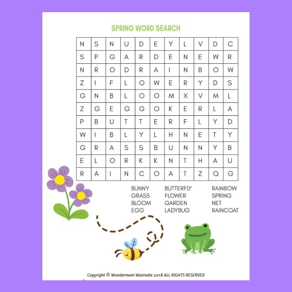 printable Spring word search for kids on a purple background