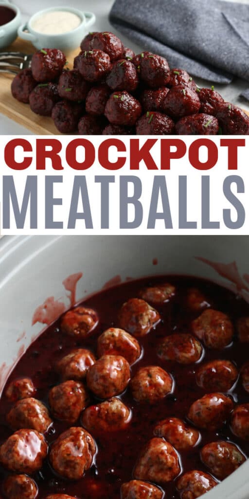 a collage of easy crockpot grape jelly BBQ meatballs next to forks and white sauce in a bowl on a wooden board and in a slow cooker with title text reading Crockpot Meatballs