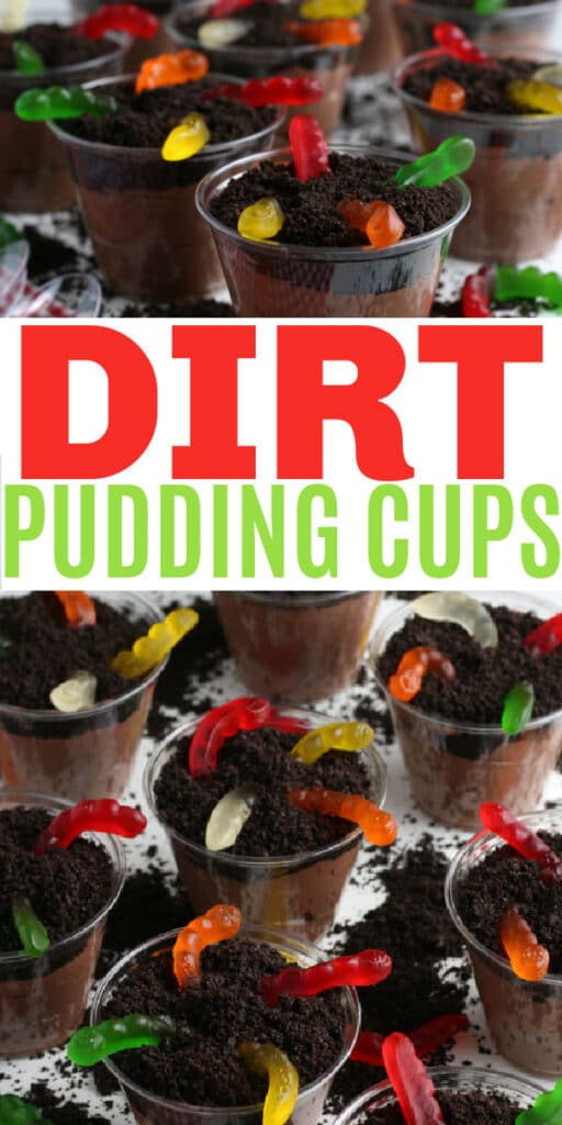 dirt pudding cups with gummy worms with title text reading Dirt Pudding Cups