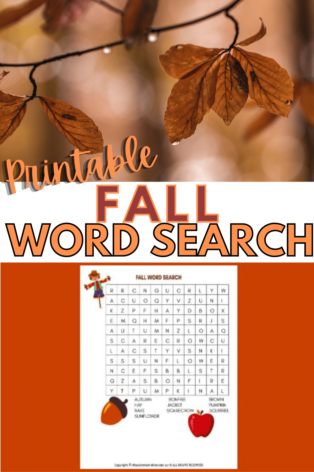 A printable fall word search is a great activity for kids. Full of fall-themed words this is a fun and educational kids printable for home or school. #fall #printables #wordsearch via @wondermomwannab