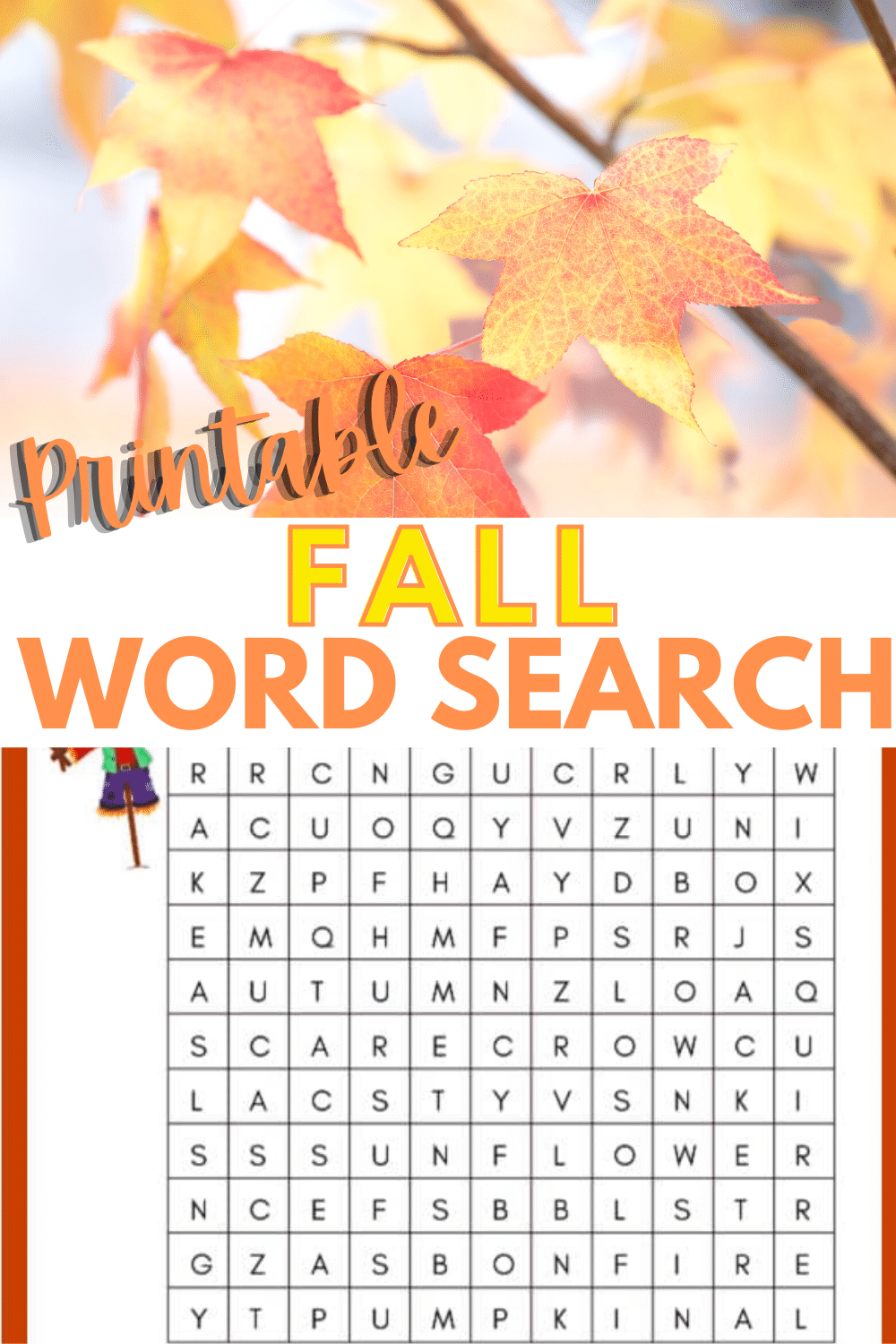 A printable fall word search is a great activity for kids. Full of fall-themed words this is a fun and educational kids printable for home or school. #fall #printables #wordsearch via @wondermomwannab