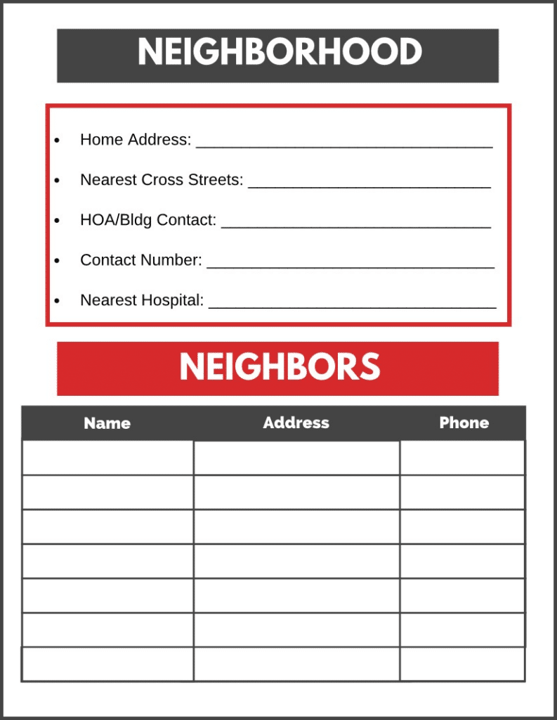 printable emergency form for neighborhood information