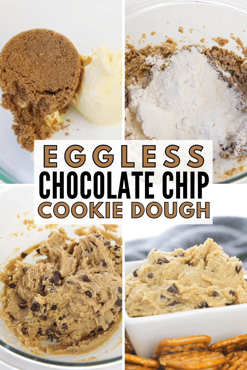 Eggless chocolate chip cookie dough is easy to make and is a delicious edible cookie dough recipe you will love. It also works great as a sweet dip! #cookiedough #easydessert #chocolatechips via @wondermomwannab