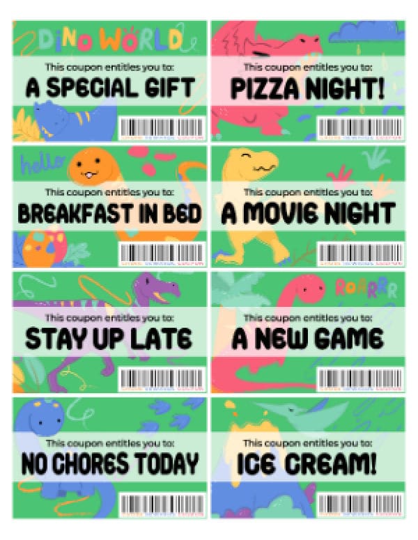 printable dinosaur chore chart with reward coupons