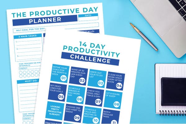 2 pages of a productivity planner on a blue background