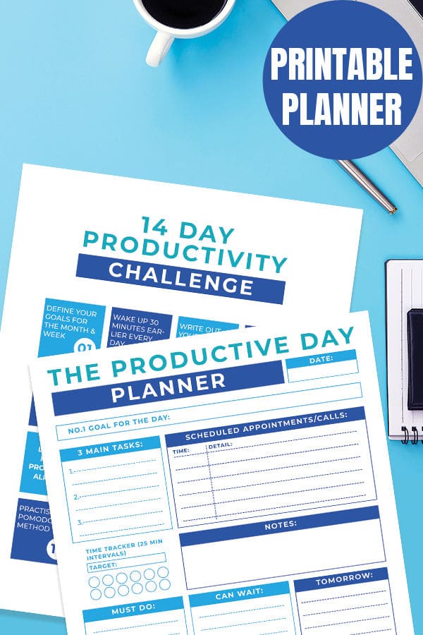 2 pages of a productivity planner on a blue background with title text reading Printable Planner