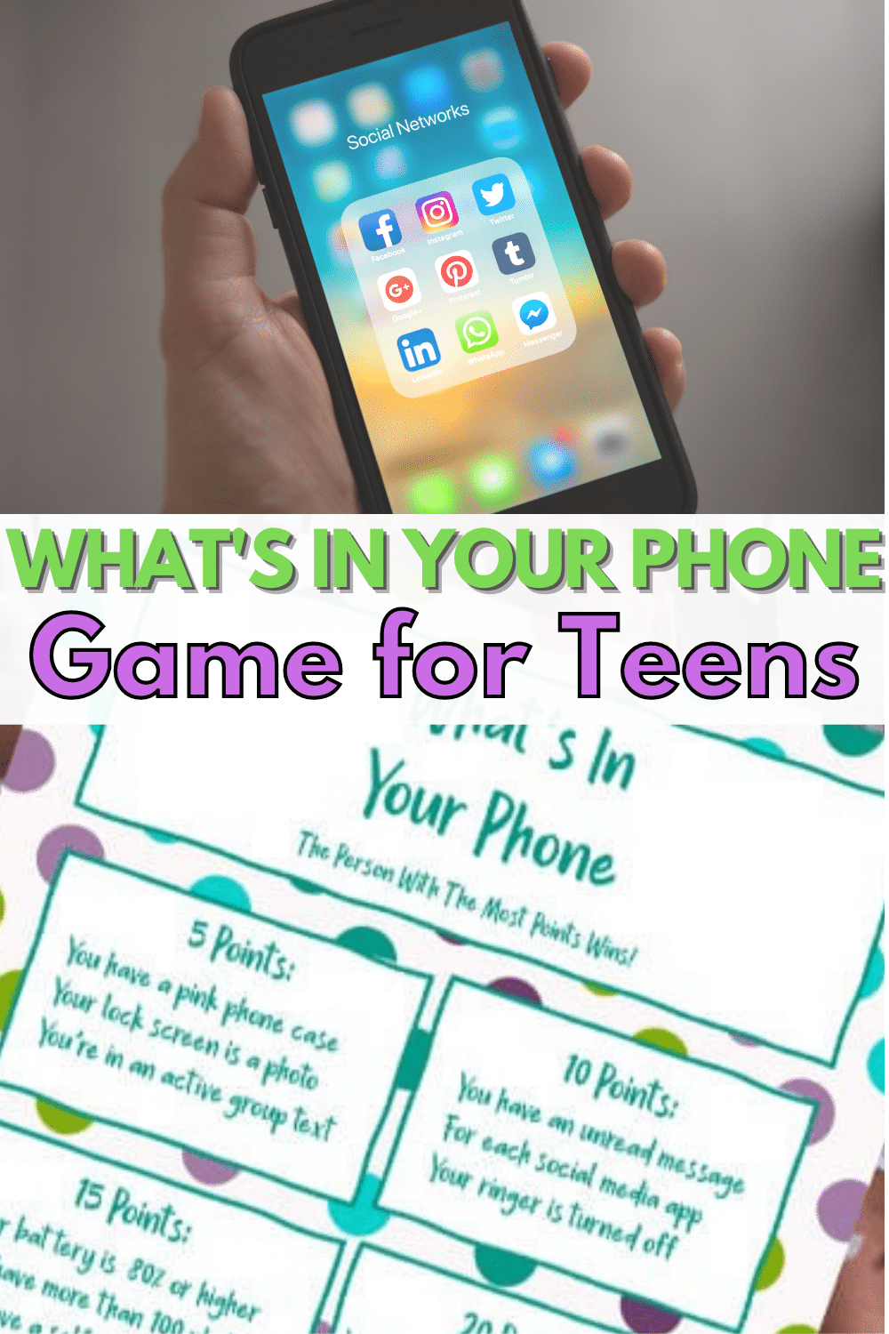 This printable What's In Your Phone Game is perfect for your daughter's tween or teen sleepovers & slumber parties. An easy game they'll love. #printables #teengames #slumberparties via @wondermomwannab
