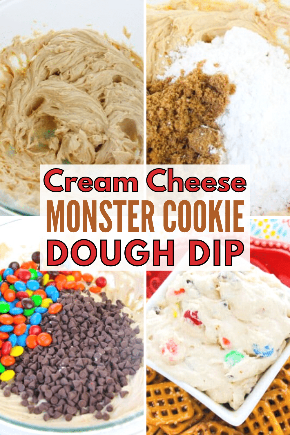 Cream Cheese Monster Cookie Dough Dip is a sweet dessert dip that can be made in minutes. Easy to make ahead of time and great for parties and holidays. #cookiedough #monsterdip #creamcheese via @wondermomwannab