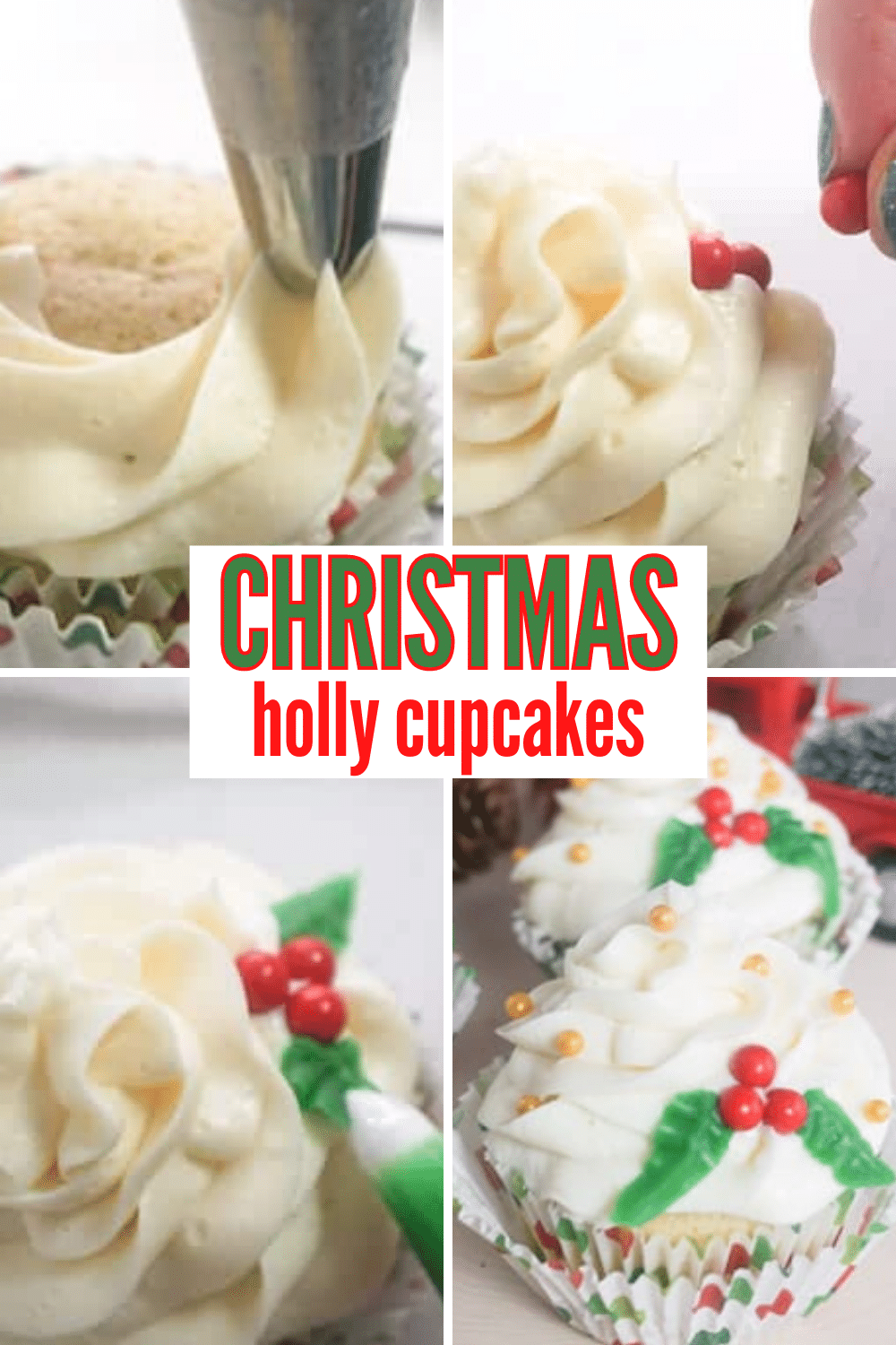 How absolutely adorable and fun are these easy Christmas holly cupcakes?! They're such an easy Christmas cupcake that you can have them decorated in about 10 minutes. #hollycupcakes #christmascupcakes via @wondermomwannab