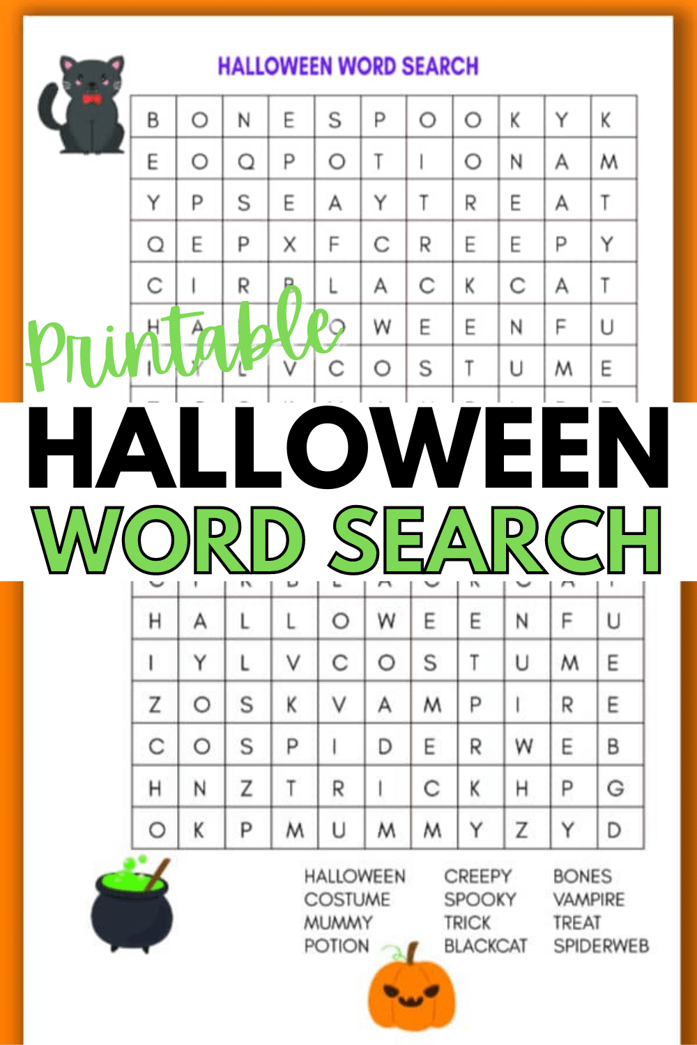 A printable Halloween word search for kids is a great activity for children for home or even for school Halloween and fall parties. #halloween #wordsearch #printables via @wondermomwannab