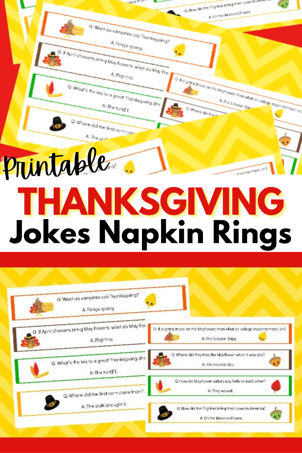 These printable Thanksgiving jokes napkin rings are an easy way to bring laughter and fun to your Thanksgiving table and kids will love to tell them! #thanksgiving #printables #Thanksgivingjokes via @wondermomwannab