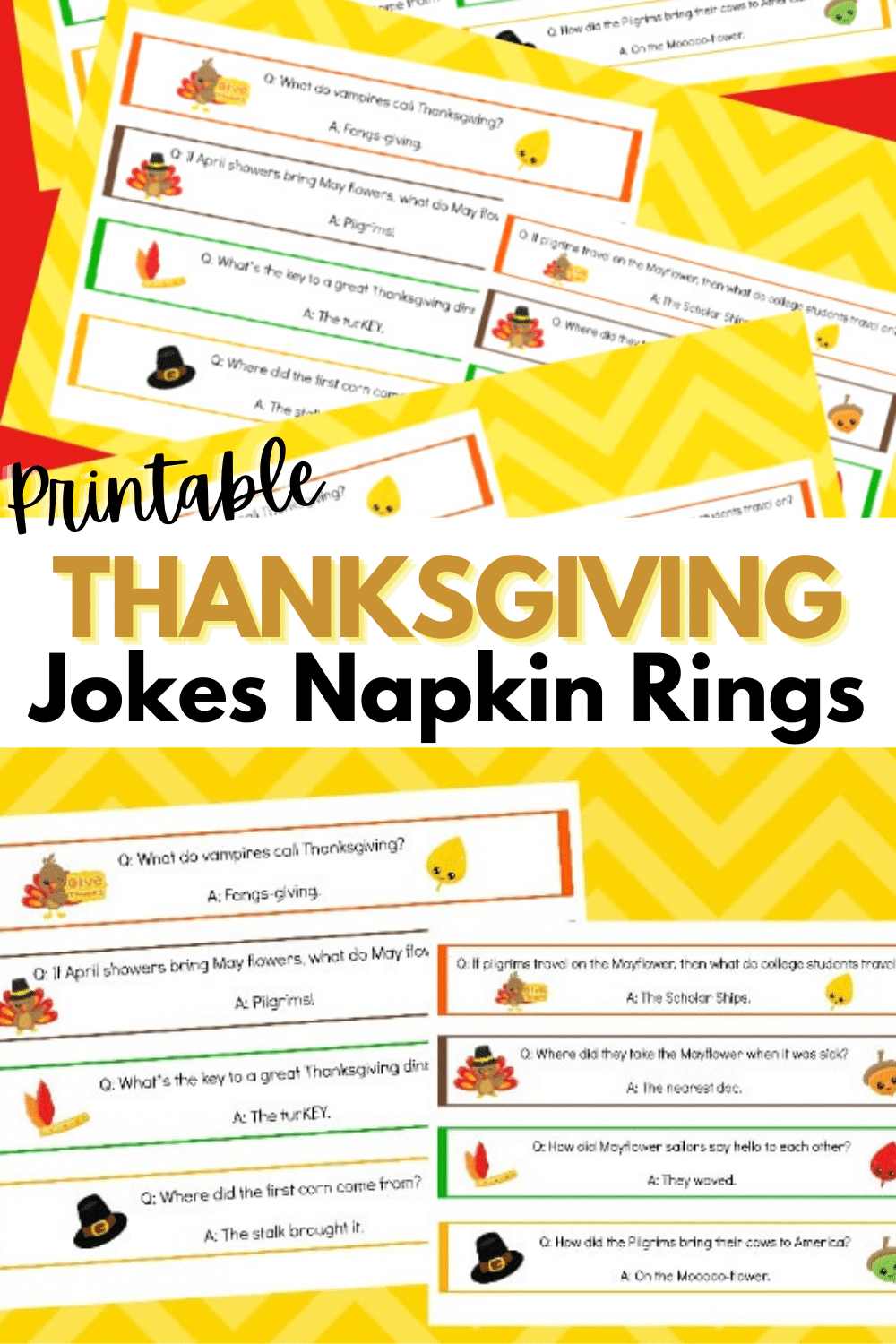 These printable Thanksgiving jokes napkin rings are an easy way to bring laughter and fun to your Thanksgiving table and kids will love to tell them! #thanksgiving #printables #Thanksgivingjokes via @wondermomwannab