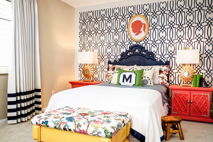 patterned bedding against a patterned wall as one of the bed linen tips tricks for a pretty bedroom