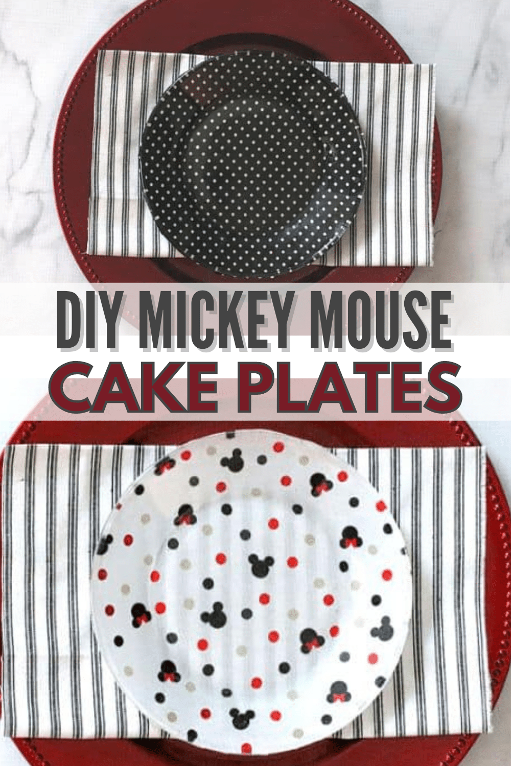 A quick stop at the Dollar Store and a few craft supplies are all you need for these DIY Mickey Mouse Cake plates! Perfect for Disney lovers. Love something else? Swap out the fabric with another pattern or design! #mickeymouse #diy #dollarstore #crafts via @wondermomwannab