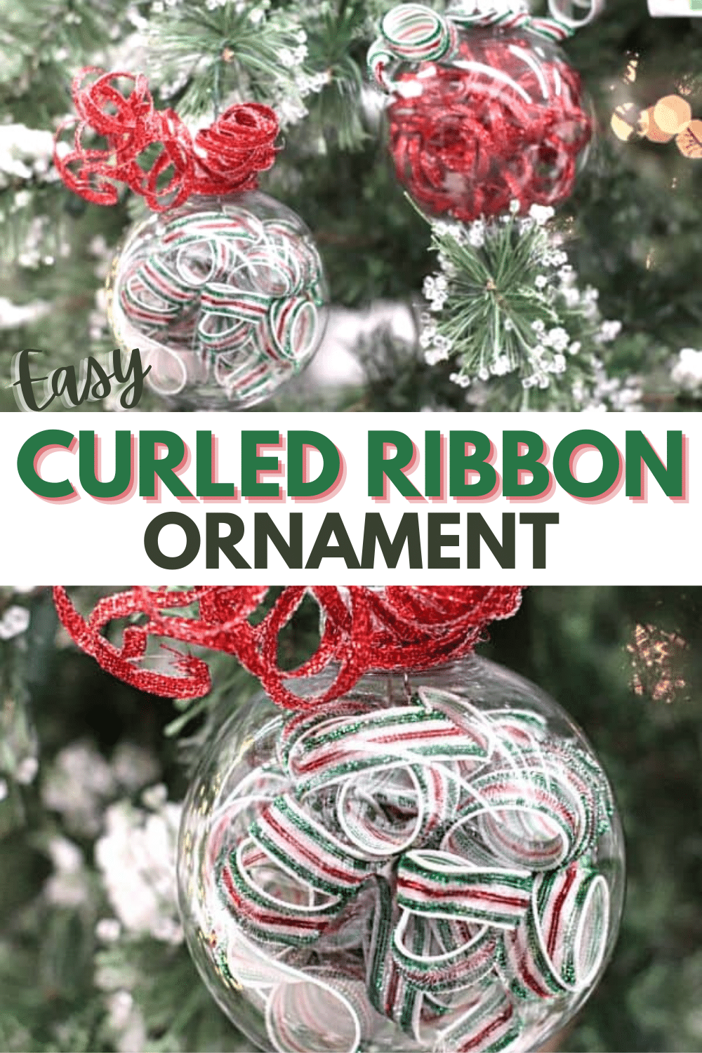 These curled ribbon ornaments are so festive and pretty, it's hard to believe they're so easy that you can make them in just minutes! #ornaments #christmas #diy via @wondermomwannab