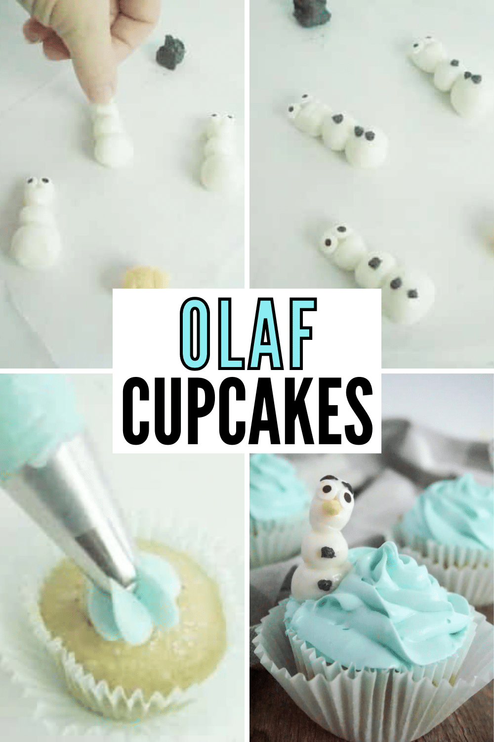 Easy and Fun FROZEN Olaf Cupcakes process with a title text reading Olaf Cupcakes