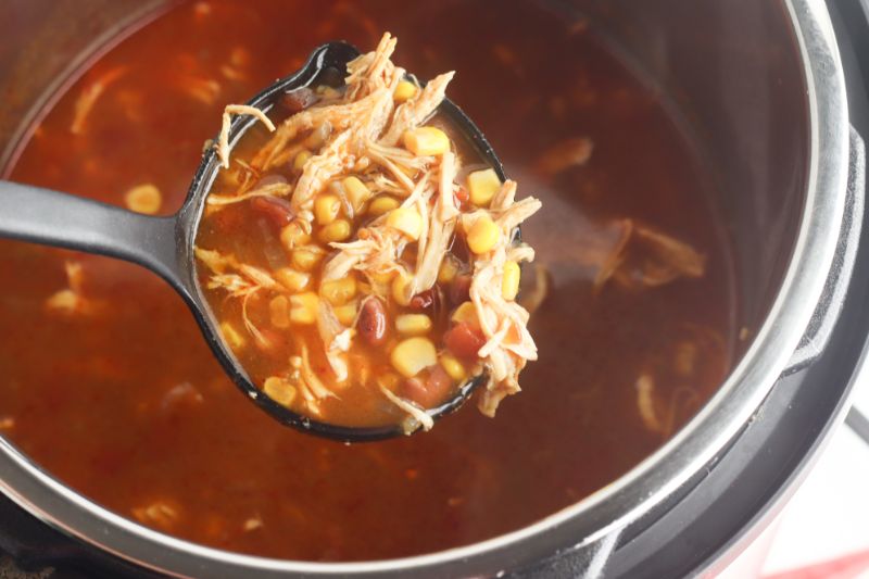 A spoonful of Mexican tortilla soup help above a soup full of instant pot.