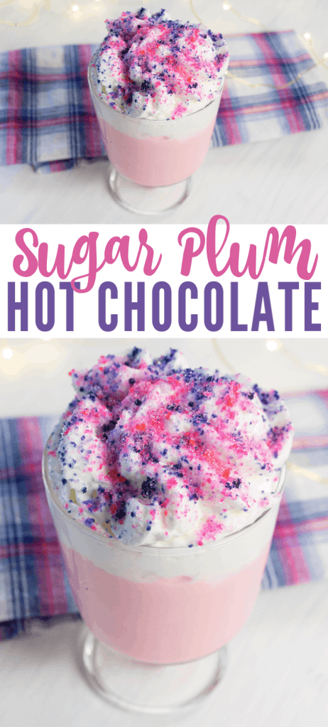 a collage of pink hot chocolate topped with whipped cream and colored sprinkles to look like sugar plum hot chocolate with a cloth and lights in the background with title text reading Sugar Plum Hot Chocolate
