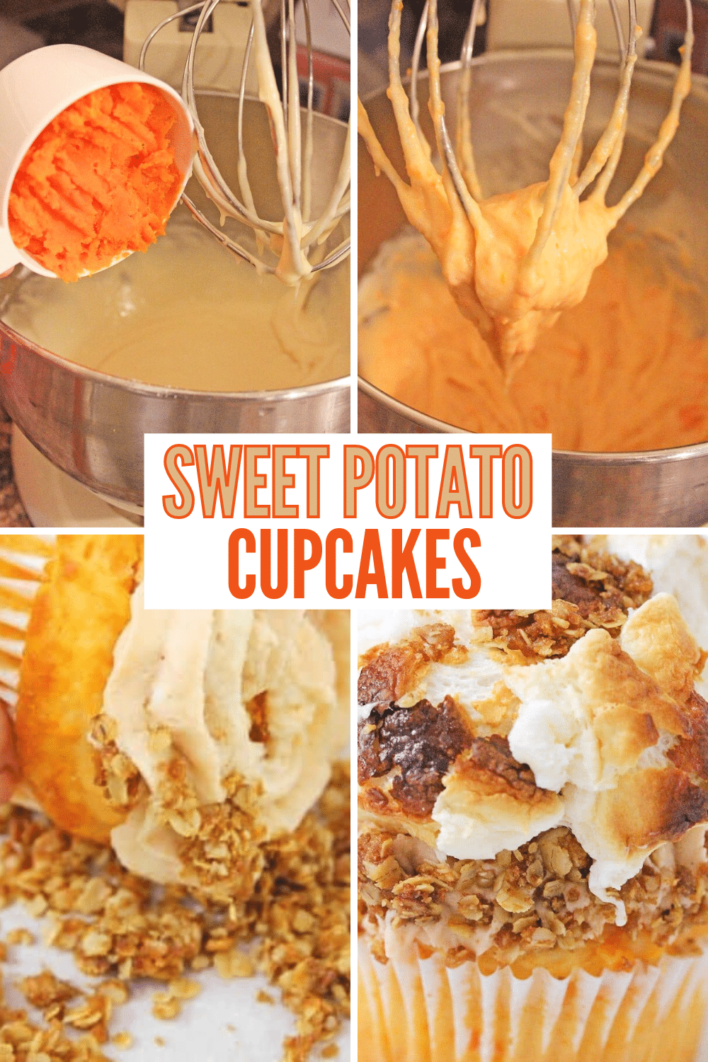 a collage of 4 images showing the steps needed to make a Sweet Potato Cupcake