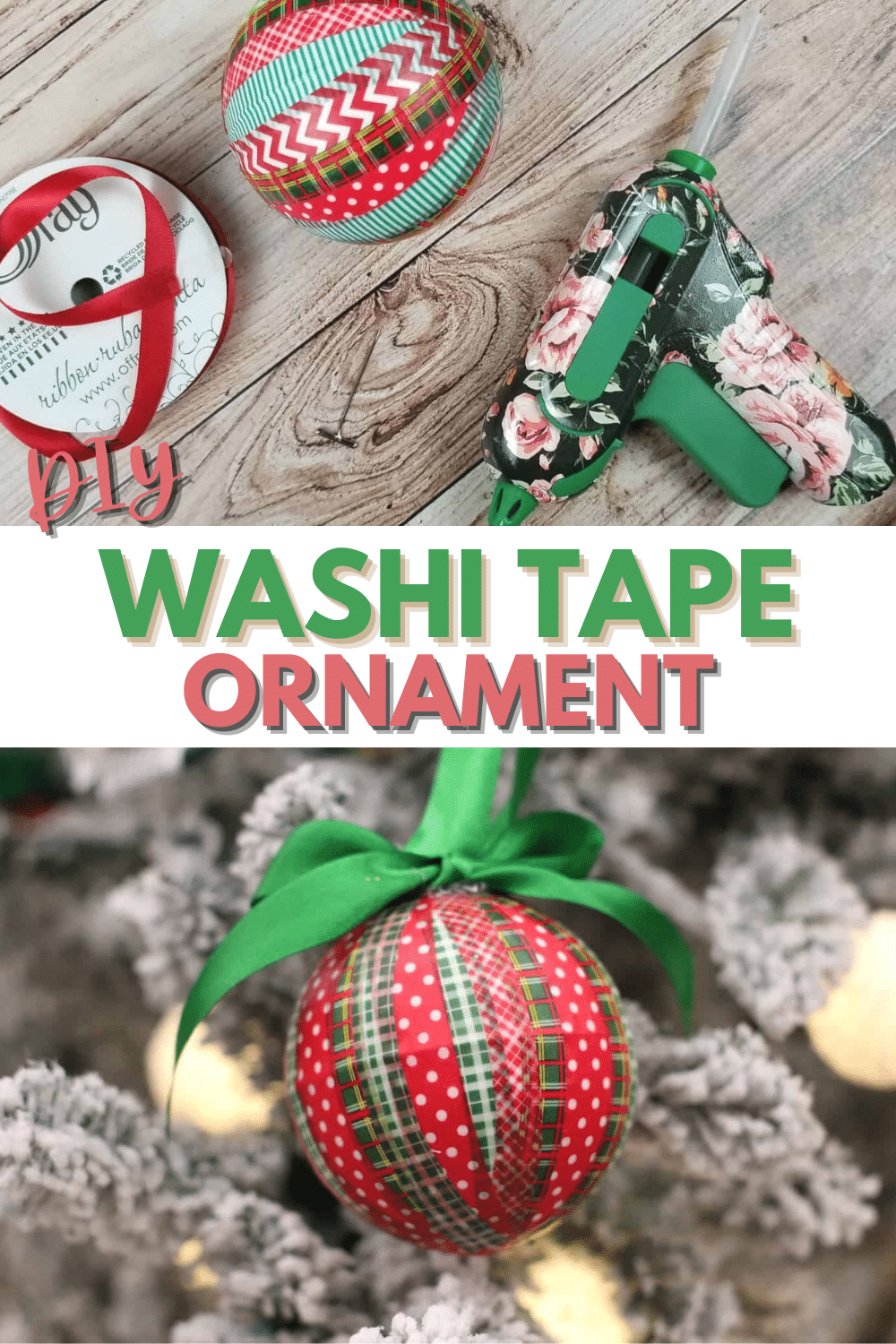 top image is the supplies needed to make Washi Tape Ornaments, bottom image is a Washi Tape Ornament hanging on a tree