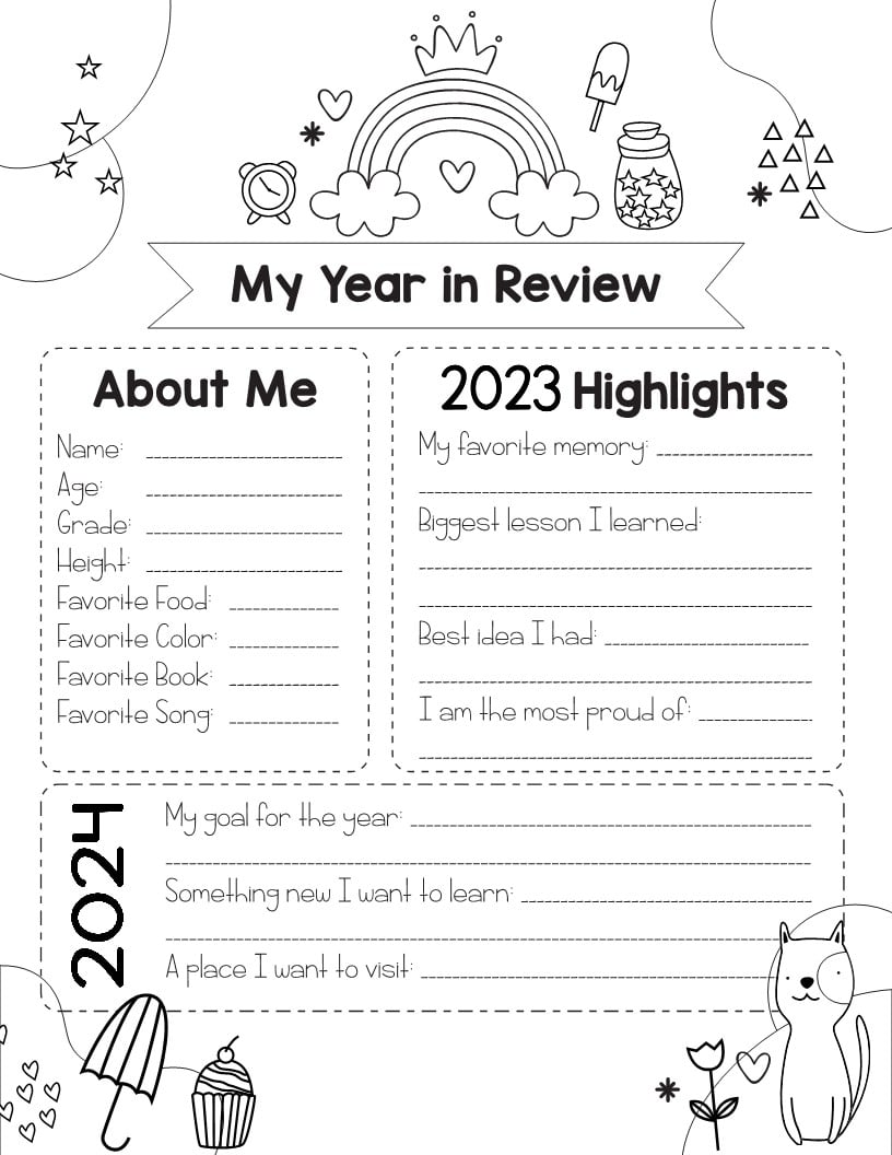 My year in review coloring page for kids.