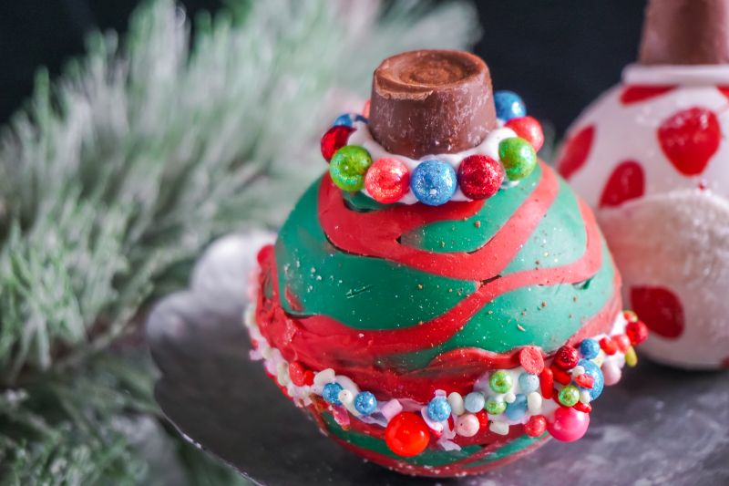 close up of Christmas Ornament Hot Cocoa Bombs 