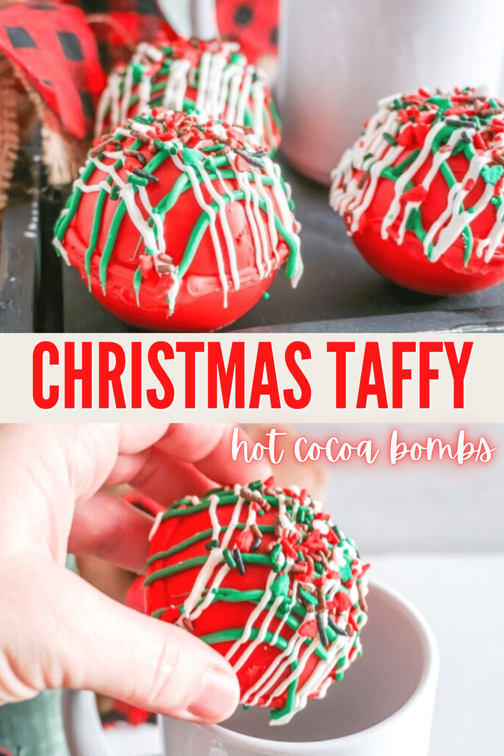 These Christmas Taffy Hot Cocoa Bombs are full of holiday fun! So simple and easy to make for the kids or for homemade gifts! #hotcocoabombs #hotcocoa #christmas #taffy #homemadegift via @wondermomwannab