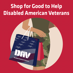 a gif of shopping bags moving on a person's arm with a red frame around it and title text reading Shop for Good to Help Disabled American Veterans