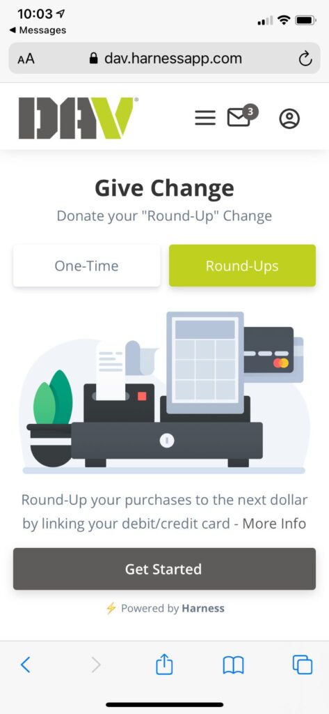screenshot of the DAV harness app for donating your change to veterans