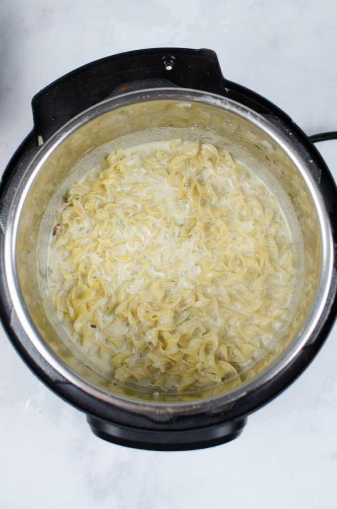 Egg Noodles cooking in an instant pot.
