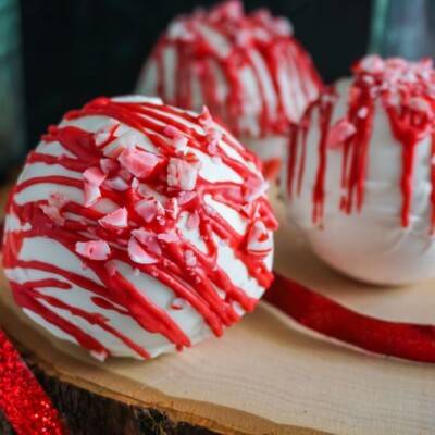 close up of peppermint hot cocoa bombs