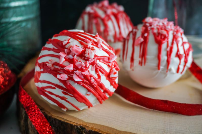 close up of peppermint hot cocoa bombs