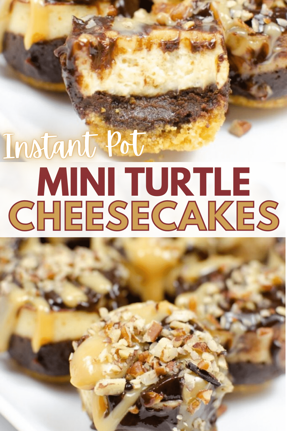 These mini turtle cheesecakes are an absolute treat! Made in an instant pot they're a heaven of creamy cheesecake topped with lush caramel, rich chocolate ganache, and crushed pecans. #instantpot #pressurecooker #cheesecake #turtlecheesecake via @wondermomwannab