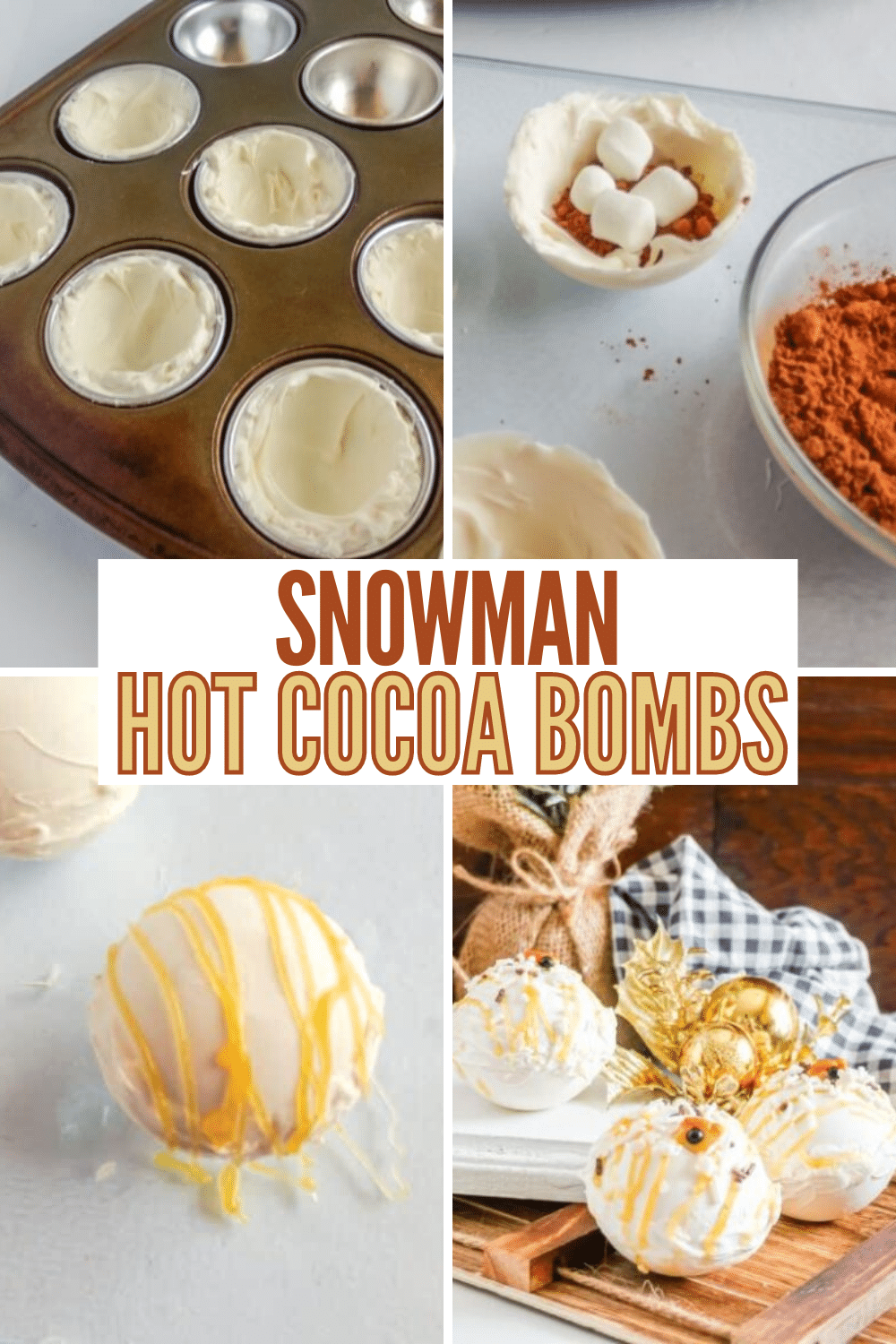 Snowman Hot Cocoa Bombs process with a title text reading Snowman Hot Cocoa Bombs