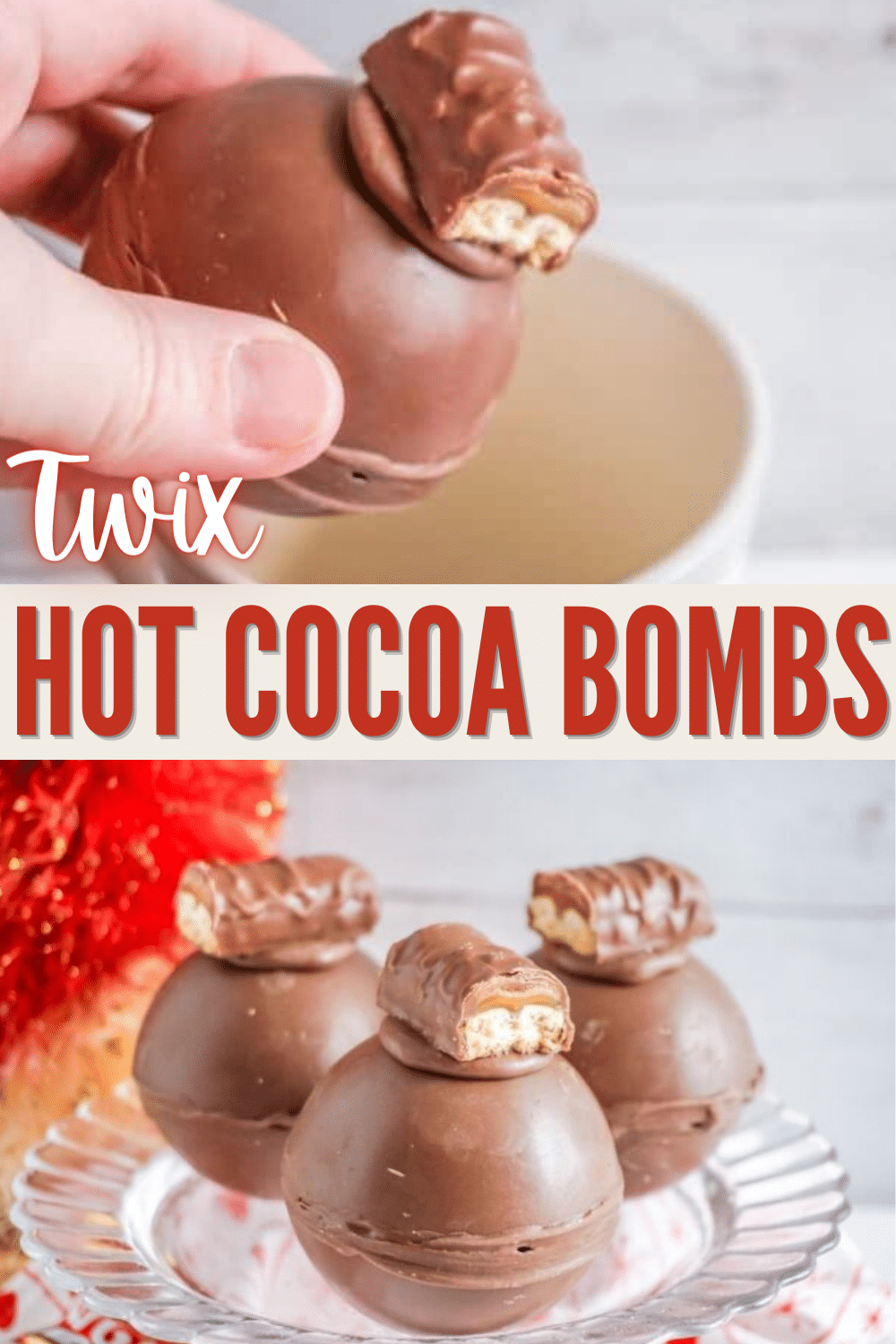 These Twix Hot Cocoa Bombs taste EXACTLY like a Twix Candy Bar! Who says that you shouldn't combine the flavors of candy and cocoa? #hotcocoabombs #hotcocoa #twix #recipe #cocoa via @wondermomwannab