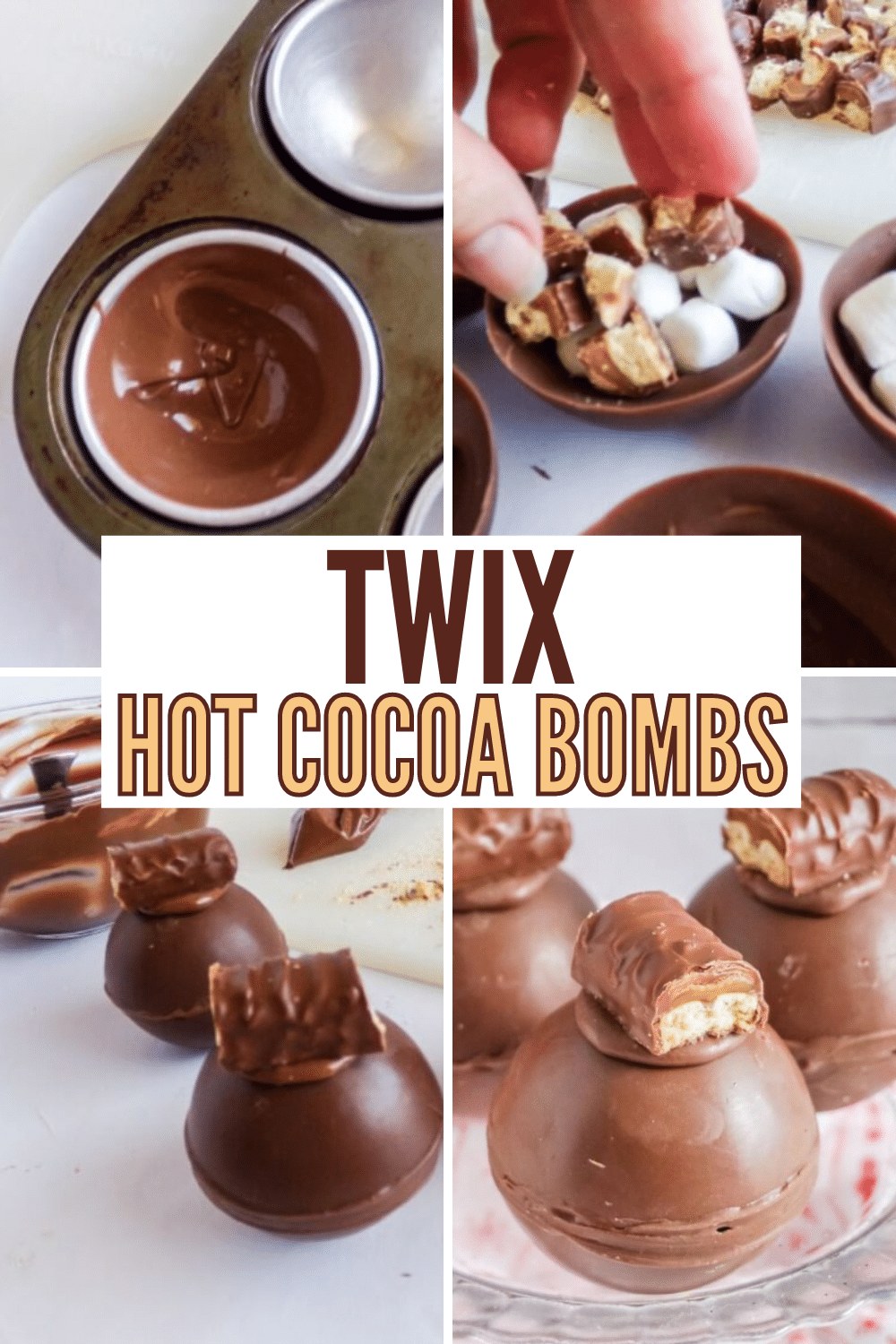 These Twix Hot Cocoa Bombs taste EXACTLY like a Twix Candy Bar! Who says that you shouldn't combine the flavors of candy and cocoa? #hotcocoabombs #hotcocoa #twix #recipe #cocoa via @wondermomwannab