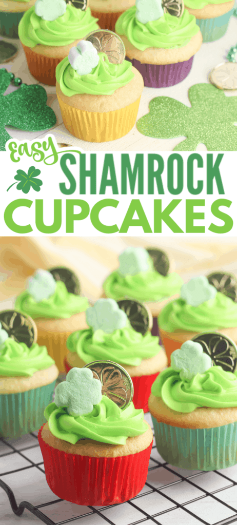a collage of white cupcakes decorated with green frosting, a shamrock marshmallow and gold coin, on a wood table with more shamrocks, gold coins, and green beads on it with title text reading Easy Shamrock Cupcakes