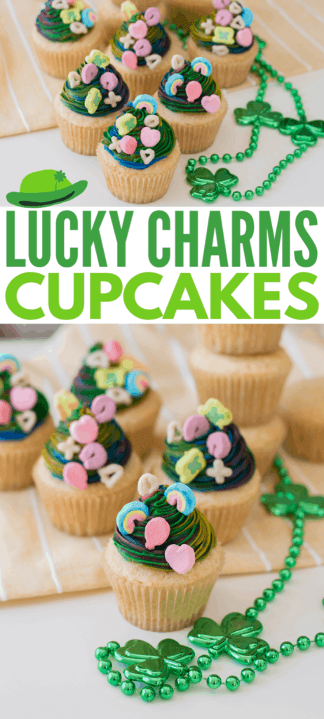 collage of vanilla cupcakes with multi-colored frosting topped with lucky charms marshmallows next to green shamrock beads on a tan linen with stacked vanilla cupcakes in the background with title text reading Lucky Charms Cupcakes