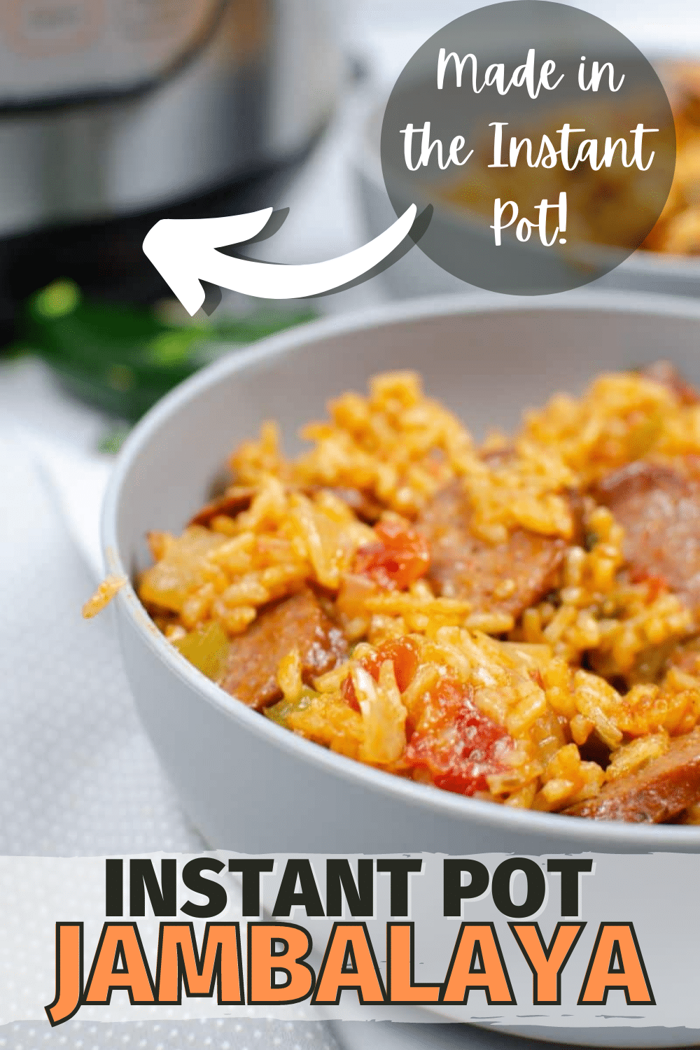 Instant Pot Jambalaya in a white bowl with a title text reading Instant Pot Jambalaya